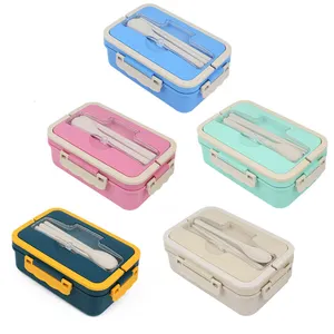 BPA Free Portable Japanese Style sealed crisper single layer wheat straw food storage containers lunch box with cutlery set