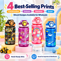 Bouteille d'eau pour enfants de 600 ml avec couvercle rabattable, anti-fuite, bouteille d'eau scolaire, design de dessin animé, fournisseur en gros OEM ODM
