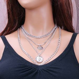 Collier à chaîne épaisse multicouche en or avec pendentif pièce de monnaie, ensemble de bijoux de mode hip-hop pour femme - Product Image 4