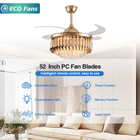 Ventilateur de plafond moderne en métal et cristal de 52 pouces, fonctionnement silencieux DC, LED haute luminosité, télécommande, pour la maison, la chambre à coucher, la salle à manger