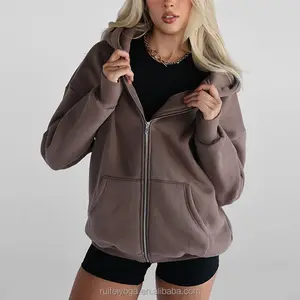 Designer Custom Warm Winter Vintage French Terry Essentials Plain Full Zip Up Unisex Oversized Sweatshirt Hoodie With Thumb hole