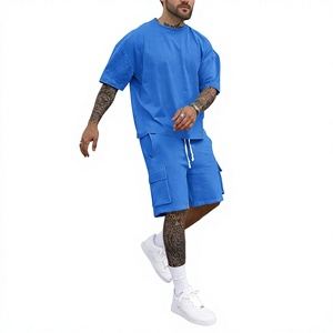 Men's Blue Casual Cotton T-Shirt <b>Cargo</b> <b>Shorts</b> Set Solid Color Breathable Comfortable Knitted Summer Outfit 220g Plain Dyed Front - Product Image 3