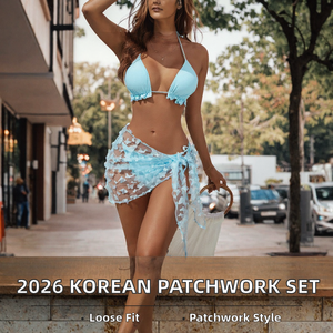 OEM Custom 3 Piece Ruffle Halter <b>Bikini</b> <b>Set</b> with Sheer Butterfly Mesh Sarong Wrap Beachwear Sexy Summer Swimwear Women Bathing - Product Image 2