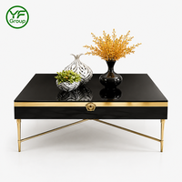 Table basse moderne de luxe en verre noir avec structure en acier inoxydable doré, table centrale de salon avec tiroir de rangement, mobilier de maison