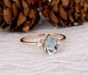 Bague de fiançailles en forme de goutte d'eau, pierre précieuse, S925, taille poire, aquamarine naturelle, bague de promesse de mariage, or rose massif, anneaux en moissanite - Product Image 2