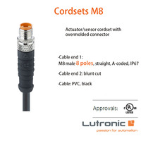 Câble d'actionneur/capteur mâle droit 8 pôles Lutronic M8, surmoulé IP67, avec boîtier en cuivre à contact doré, connecteur simple extrémité 1m