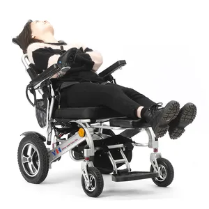 เก้าอี้รถเข็นไฟฟ้าโครงอะลูมิเนียมอัลลอยพร้อมพนักพิงศีรษะและที่พักขาสำหรับคนพิการ