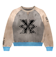 Sweat-shirt à col rond beige gris, épais, effet vintage, avec poignets contrastants, effet usé et délavé au soleil, style streetwear, qualité supérieure