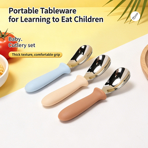 Juego de alimentación ecológico de acero inoxidable para bebés con utensilios de silicona, cuchara portátil para niños pequeños que aprenden a comer - Product Image 2