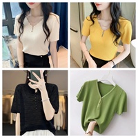 Nouveau T-shirt en tricot pour femme, style coréen, à manches courtes, col en V, coupe ajustée, couleur unie, en fibre de viscose, sans repassage, collection Printemps/Été