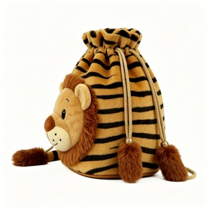 Bolsa de peluche de león a rayas amarillas y negras, Bolsa de peluche de león color canela con cordón, Saco de peluche con temática de animales de la selva - Product Image 1