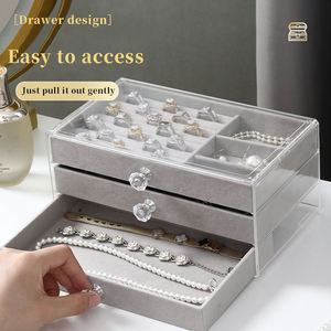 Caja de almacenamiento de joyas de terciopelo de tres capas Estuche de transporte gris con cubierta de vidrio Anillo de joyería Pendientes Organizador Caja de exhibición - Product Image 5