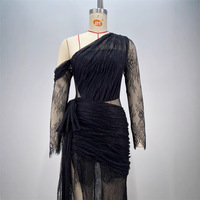 Nouvelle Robe Longue de Soirée Noire en Dentelle Transparente Amincissante avec Fente et Épaules Dénudées pour l'Exportation