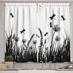 Bindiネイチャーキッチンカーテングラスブッシュメドウシルエットトンボと飛ぶ春の庭の植物は印刷されたカーテンを表示します