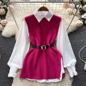 Longue lanterne manches chemise femmes tricoté gilet 2 deux pièces ensemble 2021 printemps automne femmes chemises ensembles <span class=keywords><strong>sans</strong></span> manches <span class=keywords><strong>pull</strong></span> hauts - Product Image 6