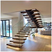 CBMMart Escalier d'intérieur moderne Escaliers droits flottants Escalier intérieur mono limon avec bande de roulement en bois et garde-corps en verre