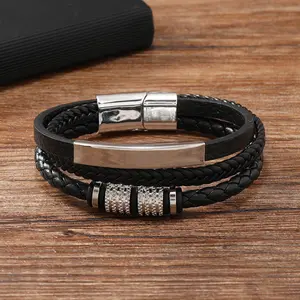 Brazalete de cuero para hombre, pulsera de cuero y acero inoxidable para hombre