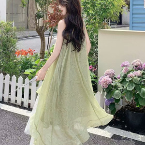 French Style Summer Green Spaghetti Strap Irregular Dress Vacation Casual Wear Solid Color Patchwork Design - Product Image 3