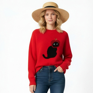 Apple <strong>Cat</strong> Crocheted Embroidery Spring Animal Sweet Casual <strong>Women's</strong> Long-sleeved Knitwear <strong>Jumper</strong> - Product Image 1