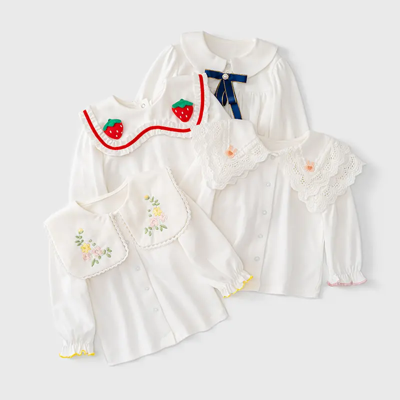 Latest Kids Baby Soft Cotton Long Sleeve Embroidered Shirt Girls Plain White Shirt