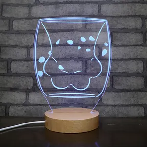Đèn Ngủ Acrylic Hình Cốc Hình Mèo Đèn Nền Gỗ Tròn Khắc Laser 7 Màu Đèn Ngủ LED Ảo Ảnh 3D