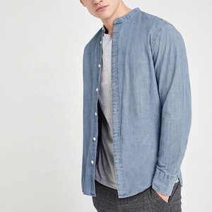 Siqin OEM Manufacturer Latest Designs <strong>Men</strong> Navy Pinstripe <strong>Grandad</strong> Collar Slim Fit Long Sleeve Cotton <strong>Shirt</strong> - Product Image 5