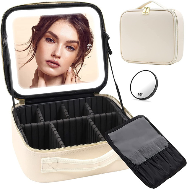 M28 Portable Travel Storage Adjustable Partition Waterproof Personalized Cosmetic Makeup Case with Mirror 3-Color LED Light
