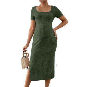 Robe de maternité style français, col carré, manches courtes, tricot côtelé, robe moulante mi-longue avec fente latérale, pour femmes enceintes, pour l'été - Product Image 5