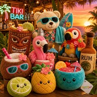 Set Maskot Plush Kustom Tiki Bar Tropis, Gantungan Boneka Hawaii Surf Bear Flamingo Parrot Coconut Rum Pineapple