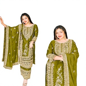 Elegant <b>Green</b> <b>Silk</b> Salwar Kameez With Gold Embroidery Ankle-Length Traditional Wear For Women India Pakistan Wedding - Product Image 1