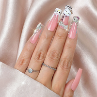 Faux ongles à presser longs, faits main, de luxe, forme cercueil, avec nœud 3D perlé, style French manucure, en acrylique, pour soirée