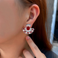 Boucles d'oreilles pendantes exquises en laiton plaqué or, forme éventail goutte d'eau rouge, avec zircon cubique, pour femme, accessoires de robe de fiançailles