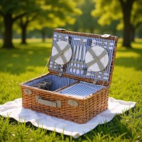 Panier de pique-nique en saule tressé brun foncé avec doublure en coton, sangle en cuir et tapis assorti pour le camping en plein air – Coffret cadeau