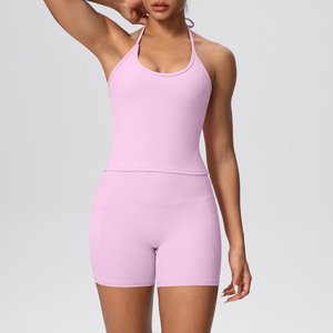 YIYI Lot de 2 ensembles de yoga pour femmes, effet push-up fessier, col en U, dos nu à nouer, taille haute, contrôle du ventre, avec soutien-gorge de sport et coussinets - Product Image 6