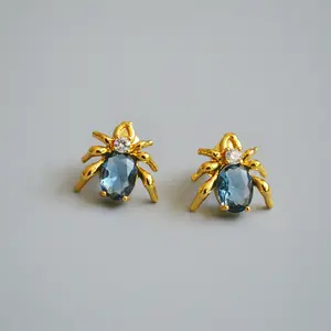 Halloween Funny Jewelry Crystal Rhinestone Spider Stud Earring Luxury Royal Brass Blue Glass Crystal Spider Stud Earrings