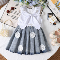Robe en jean pour filles 2026 à col Claudine et grand nœud, idéale pour spectacles et fêtes, robe pour enfants prête à être expédiée