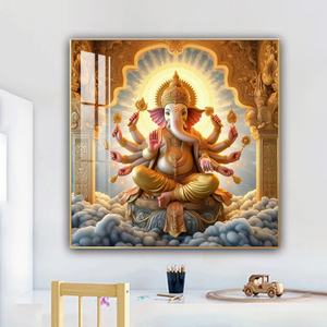 Venta al por mayor de fábrica: Arte de pared LED de metal con pintura de porcelana de cristal cuadrada, diseño abstracto de Dios Indio y Elefante, para decoración del hogar. - Product Image 6