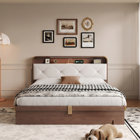 Lit double moderne en pin avec revêtement en cuir PU, fonction de rangement, inclinable et réglable, taille Queen pour la chambre à coucher