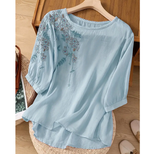 Chemisiers et Blouses Décontractés d'Été Brodés de Luxe à Col Rond et Motifs Floraux pour Femmes, Manches Trois-Quarts Respirantes - Product Image 1