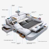 Multifunktionales Echtleder-Smart-Bett mit Massage-Projektor, Unterbett-Aufbewahrungsschubladen, Modernes Luxus-Doppelbett für Schlafzimmer