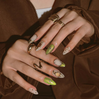 Faux ongles à presser en acrylique style exotique vintage, avec ligne métallique dorée, effet œil de chat, lune, étoile, gemmes et strass, forme amande, personnalisables