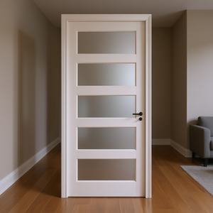 Porte intérieure en bois massif à 5 panneaux avec verre dépoli, style français, 32 x 80 x 5, surface finie - Product Image 2