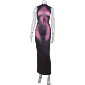 L1057-2026 Nuovi Arrivi Abito Lungo Aderente Senza Maniche Stampato in 3D Elasticizzato per Donne - Product Image 4