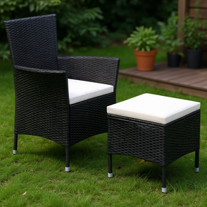 Ensemble de chaise et tabouret de patio en polyrotin noir avec coussins, mobilier de jardin, design contemporain, résistant aux intempéries - Product Image 2