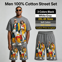 Ensemble deux pièces en coton pour homme : T-shirt et short ample à taille élastique – Grandes tailles 2XL-4XL – Impression de logo personnalisée disponible