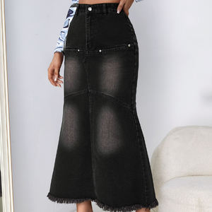 Da donna nero sfilacciato orlo largo Street Wear gonne lunghe Casual in Denim per le donne con tasche sfilacciate orlo grezzo - Product Image 5