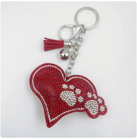 Porte-clés Cœur Patte d'Ours Rouge Best-seller pour Sacs et Voitures, Ornement Scintillant Entièrement Strassé avec Pompons