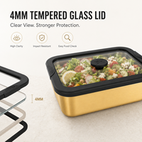 Boîte à lunch de luxe en acier inoxydable avec revêtement PVD, couvercle en verre noir, boîte bento durable brevetée LFGB, marché européen, OEM ODM