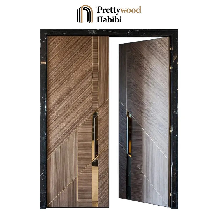 Prettywood ประตูภายในที่ทันสมัยสำหรับบ้านภายในห้องนั่งเล่นประตูไม้แข็งดีไซน์แบบแกว่งคู่