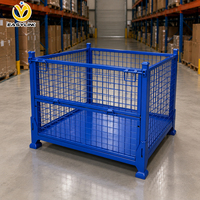 Contenedor de Malla Metálica Plegable con Recubrimiento en Polvo Azul, Bolsillos para Montacargas, Tamaño Estándar Europeo, Carga de 1500 kg, Apilable, con Cierre a Presión, de Acero
